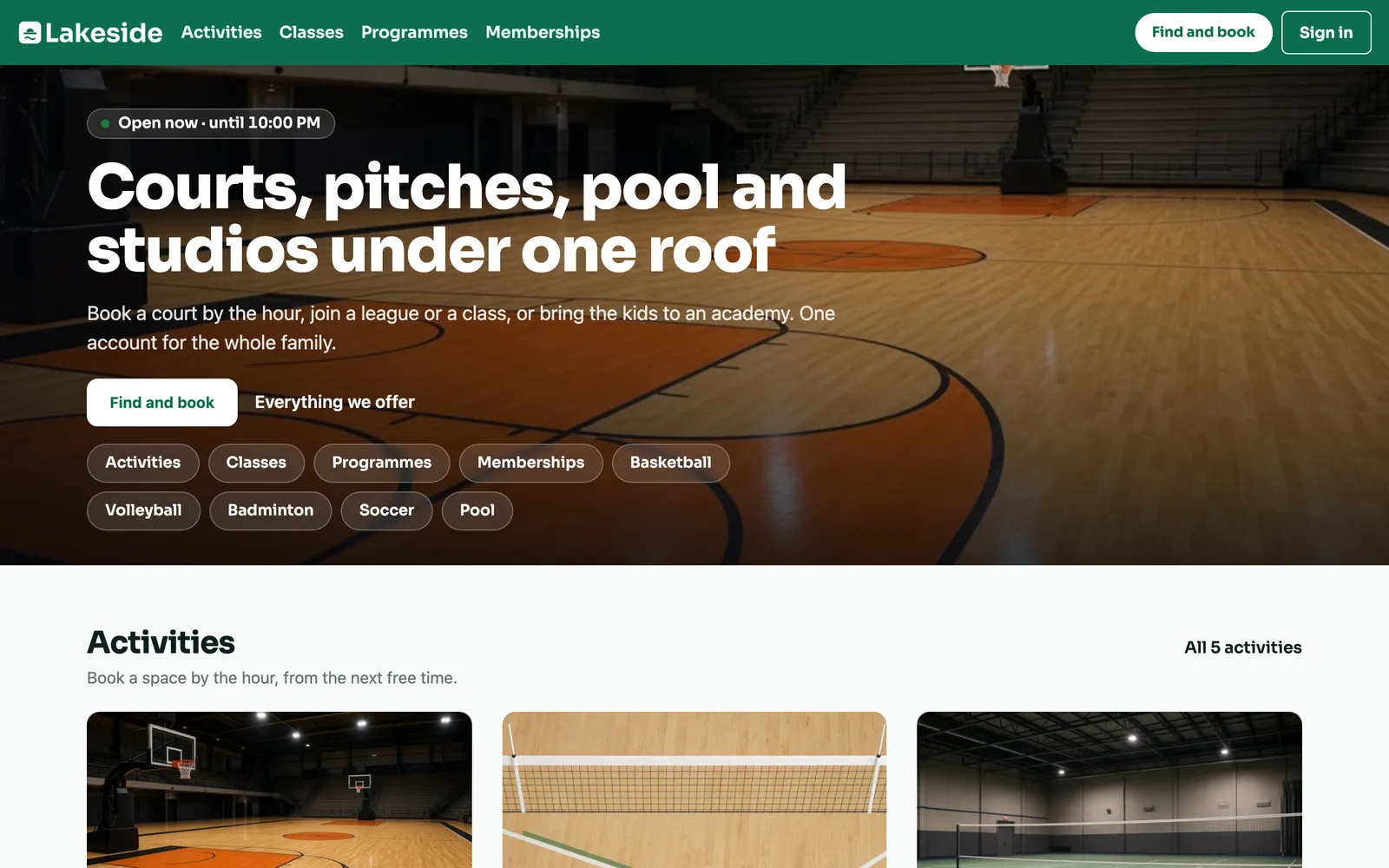 A venue's own customer site in the venue's colors: find and book, activities, classes, programs and memberships