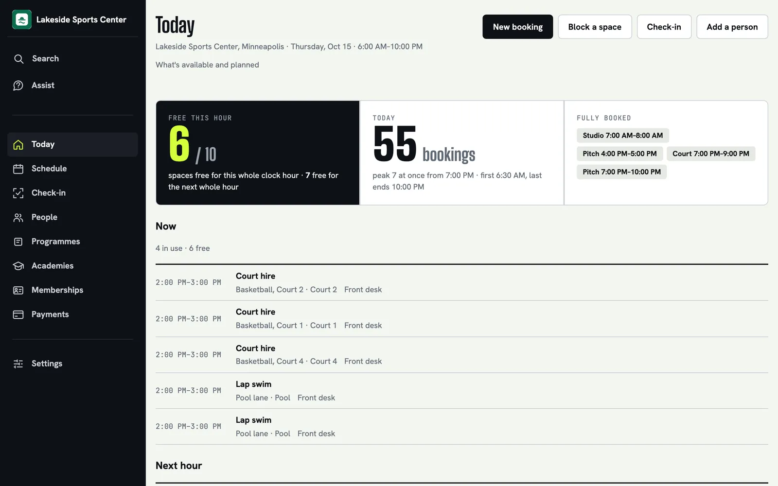 The Today screen: spaces free now, the day's bookings, what is fully booked, and the sessions on now and next